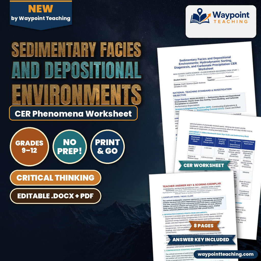 Sedimentary Facies and Depositional Environments: Hydrodynamic Sorting, Diagenesis, and Carbonate Precipitation CER Phenomena Worksheet cover