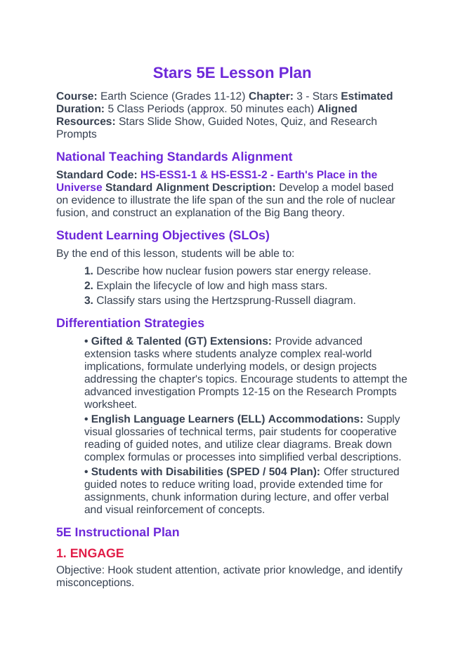 Stars 5E Lesson Plan sample page