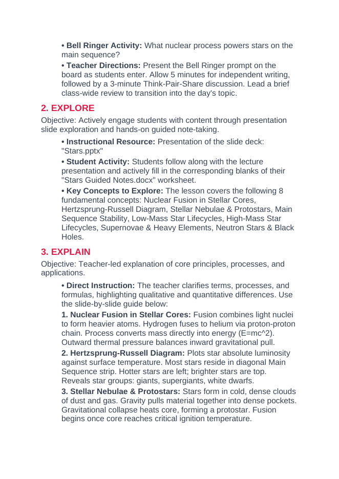 Stars 5E Lesson Plan sample page