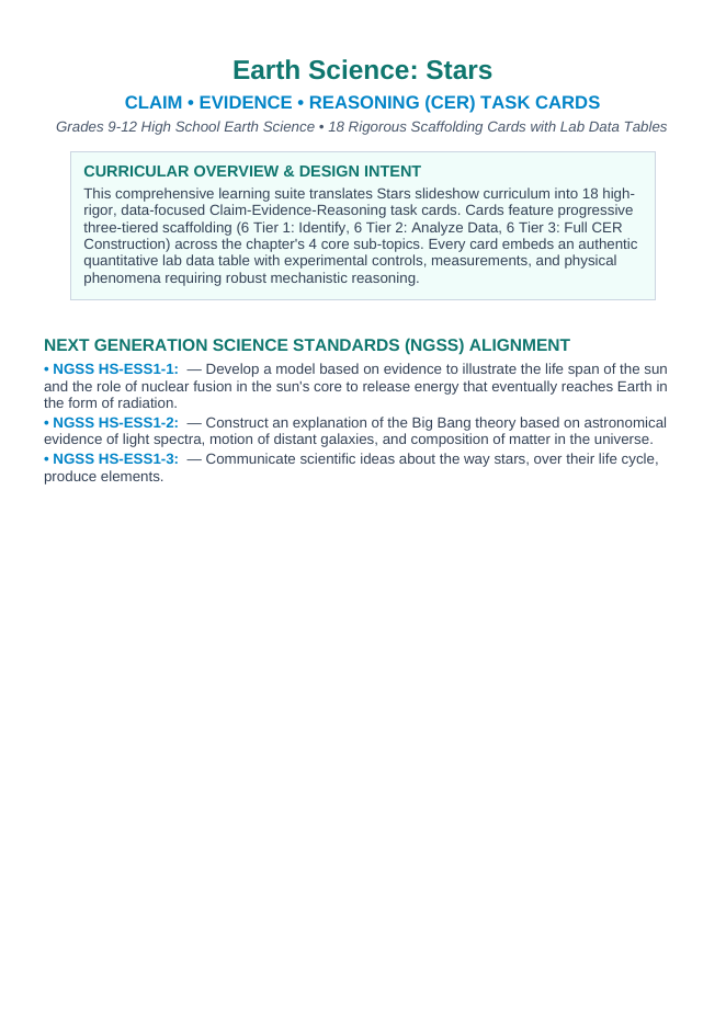 Stars CER Task Cards sample page