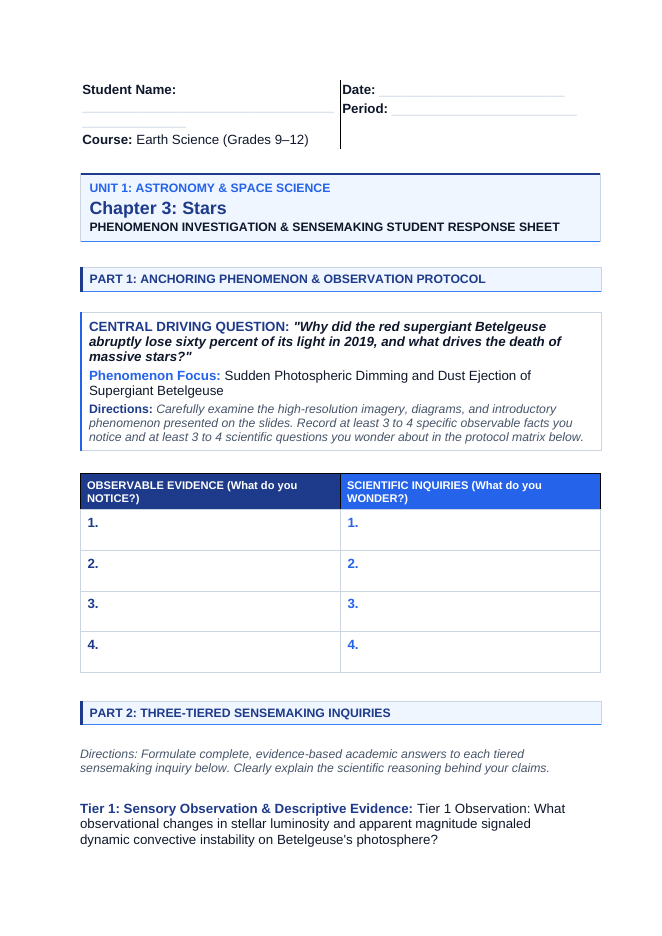 Stars Phenomena-Based Lesson: Sudden Photospheric Dimming and Dust Ejection of Supergiant Betelgeuse Student Response Sheet sample page