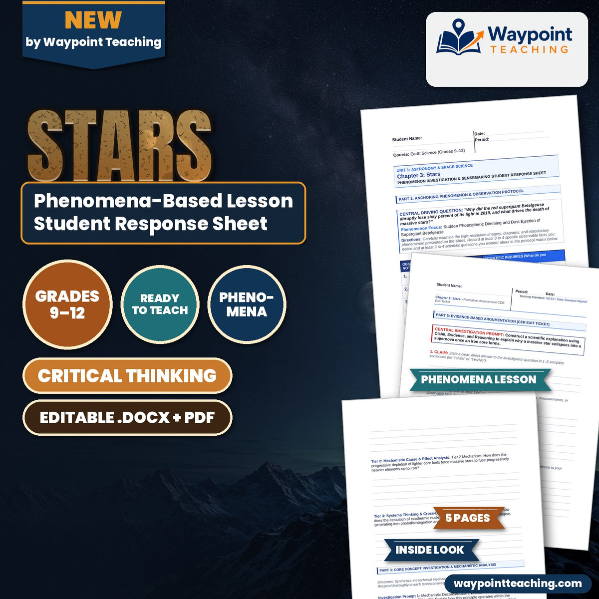 Stars Phenomena-Based Lesson: Sudden Photospheric Dimming and Dust Ejection of Supergiant Betelgeuse Student Response Sheet cover