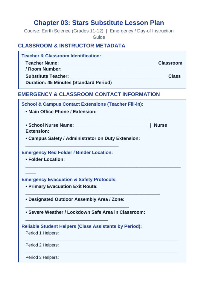 Stars Substitute Lesson Plan sample page