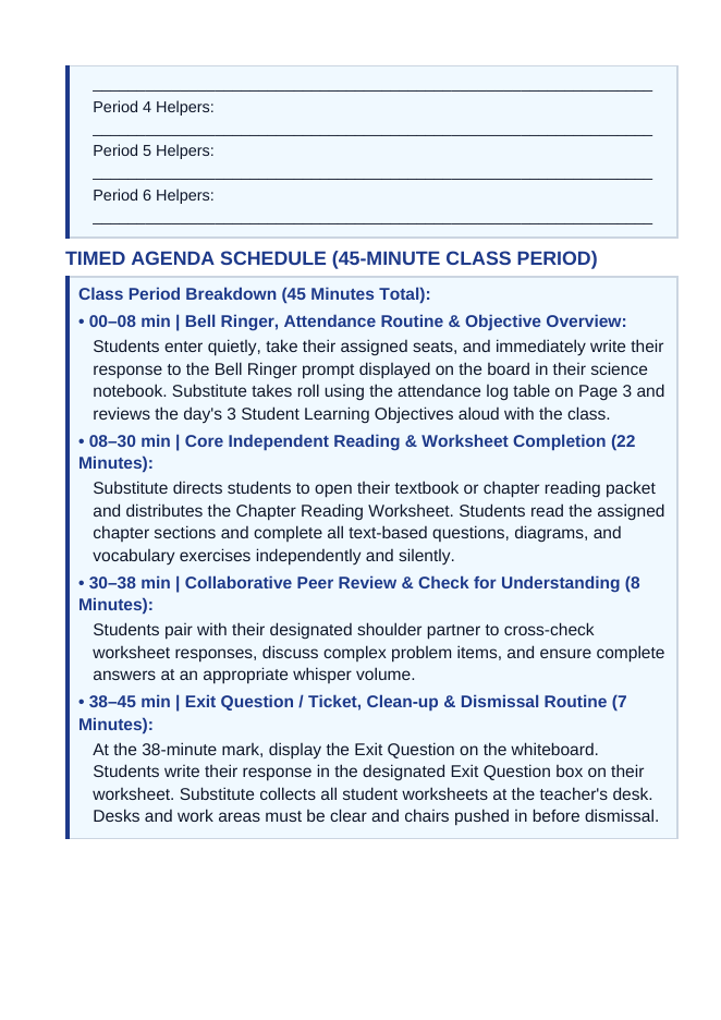 Stars Substitute Lesson Plan sample page