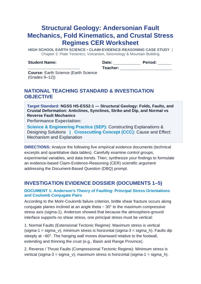 Structural Geology: Andersonian Fault Mechanics, Fold Kinematics, and Crustal Stress Regimes CER Phenomena Worksheet sample page