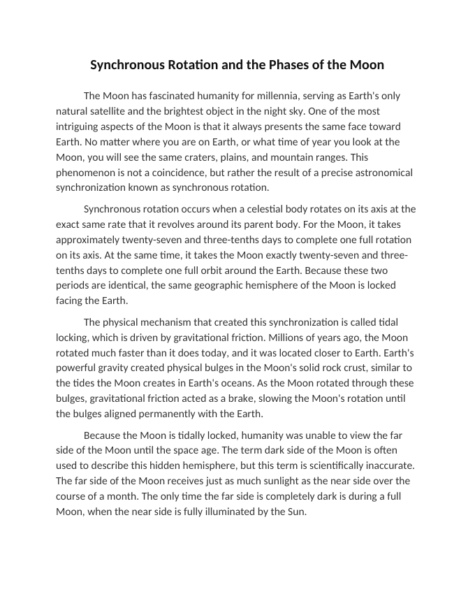 Synchronous Rotation and the Phases of the Moon Reading Worksheet sample page