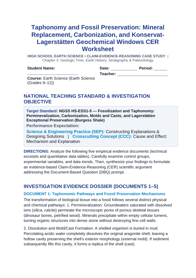 Taphonomy and Fossil Preservation: Mineral Replacement, Carbonization, and Konservat-Lagerstätten Geochemical Windows CER Phenomena Worksheet sample page