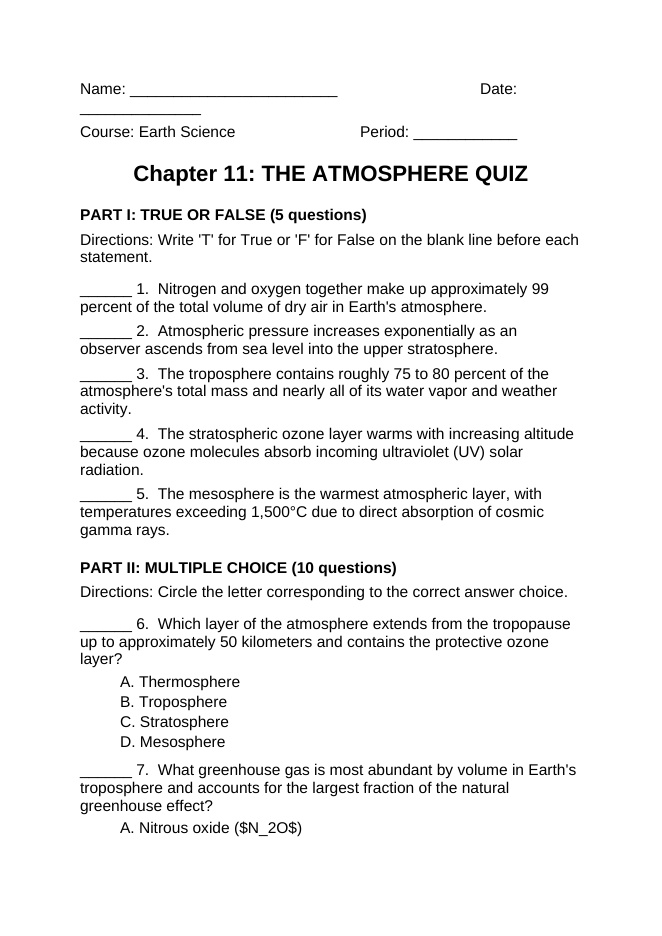 The Atmosphere Lesson Quiz sample page