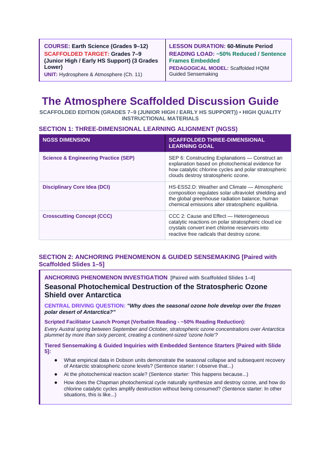 The Atmosphere Scaffolded Phenomena-Based Lesson: Seasonal Photochemical Destruction of the Stratospheric Ozone Shield over Antarctica Teacher Discussion Guide sample page