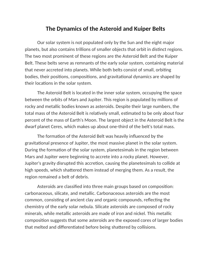 The Dynamics of the Asteroid and Kuiper Belts Reading Worksheet sample page
