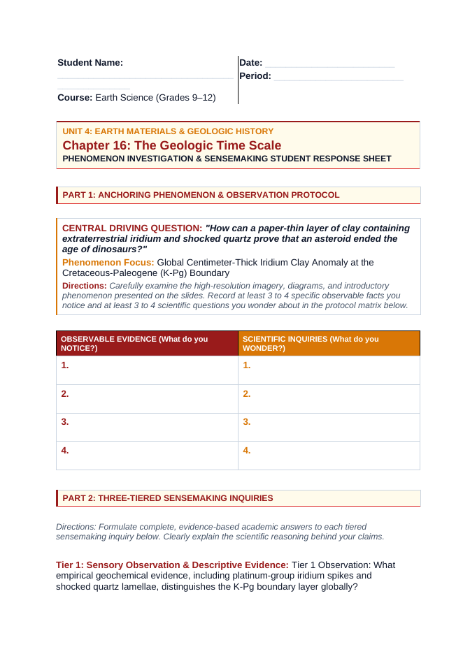 The Geologic Time Scale Phenomena-Based Lesson: Global Centimeter-Thick Iridium Clay Anomaly at the Cretaceous-Paleogene (K-Pg) Boundary Student Response Sheet sample page