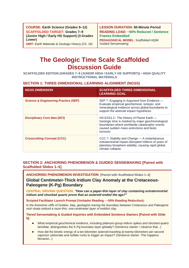 The Geologic Time Scale Scaffolded Phenomena-Based Lesson: Global Centimeter-Thick Iridium Clay Anomaly at the Cretaceous-Paleogene (K-Pg) Boundary Teacher Discussion Guide sample page