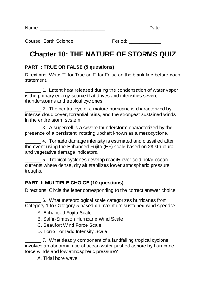 The Nature of Storms Lesson Quiz sample page
