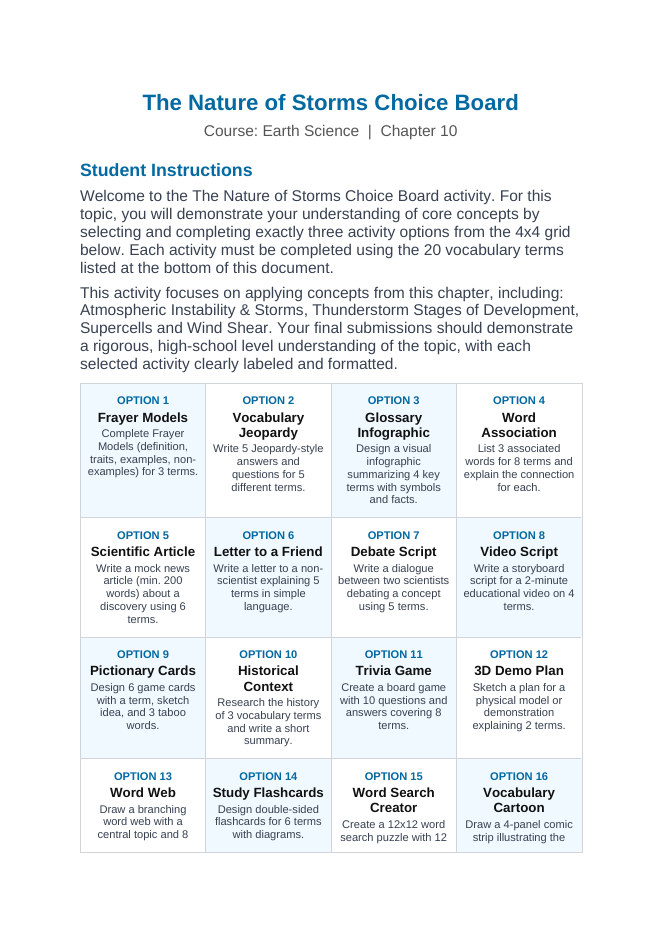 The Nature of Storms Vocabulary Choice Board sample page