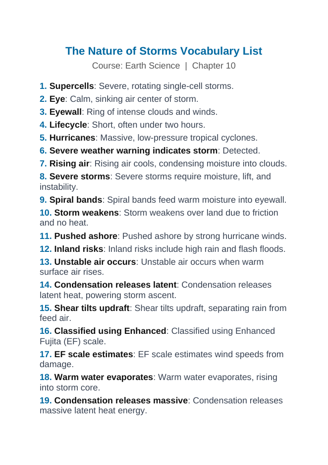 The Nature of Storms Vocabulary Words & Definitions sample page
