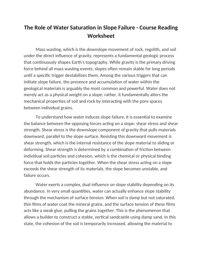 The Role of Water Saturation in Slope Failure Reading Worksheet sample page