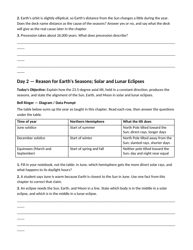 The Sun, Earth & Moon Relationship Bell Ringers & Exit Tickets sample page