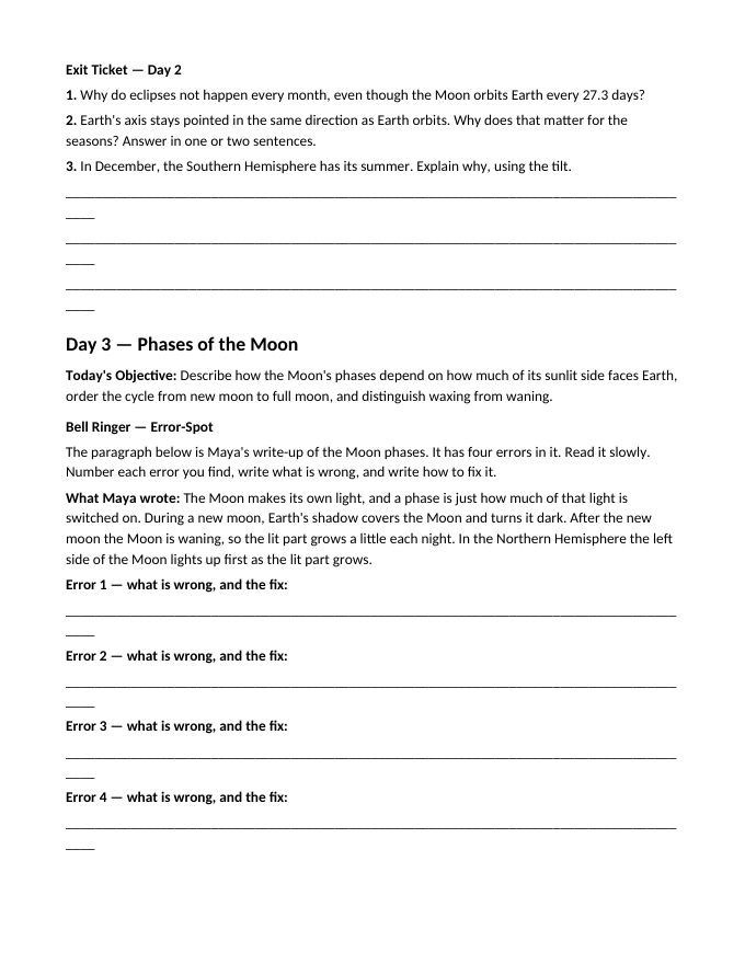 The Sun, Earth & Moon Relationship Bell Ringers & Exit Tickets sample page