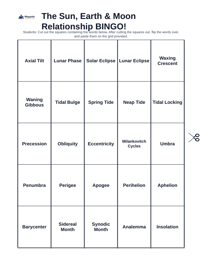The Sun, Earth & Moon Relationship BINGO Review Game sample page