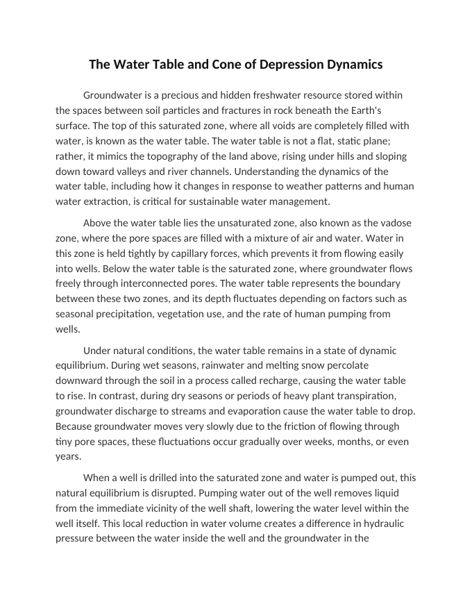 The Water Table and Cone of Depression Dynamics Reading Worksheet sample page