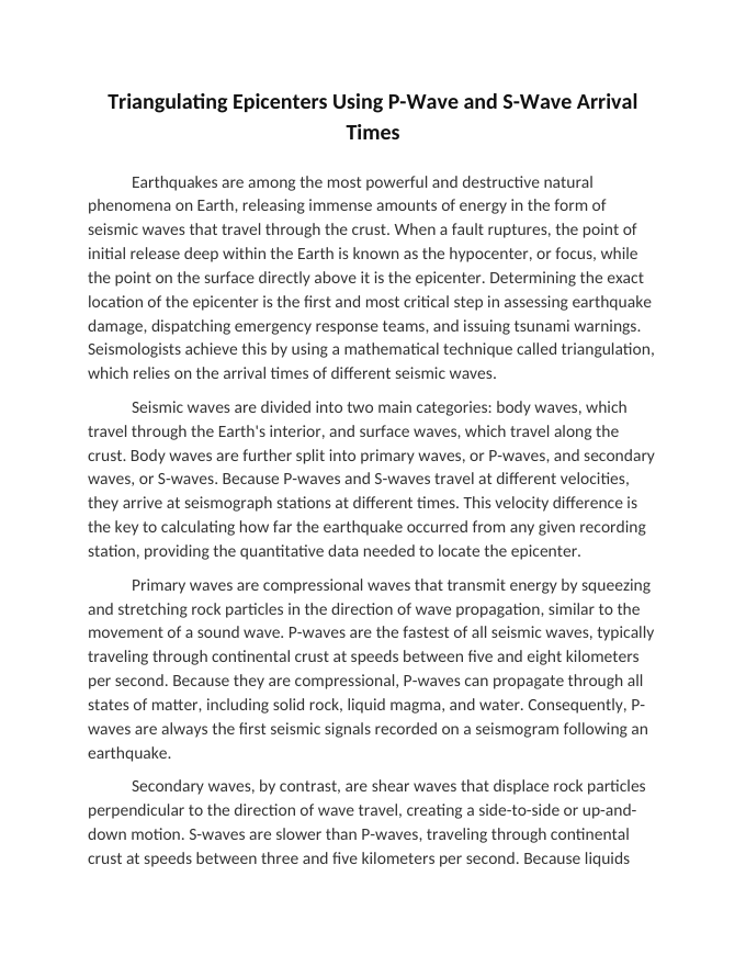 Triangulating Epicenters Using P-Wave and S-Wave Arrival Times Reading Worksheet sample page