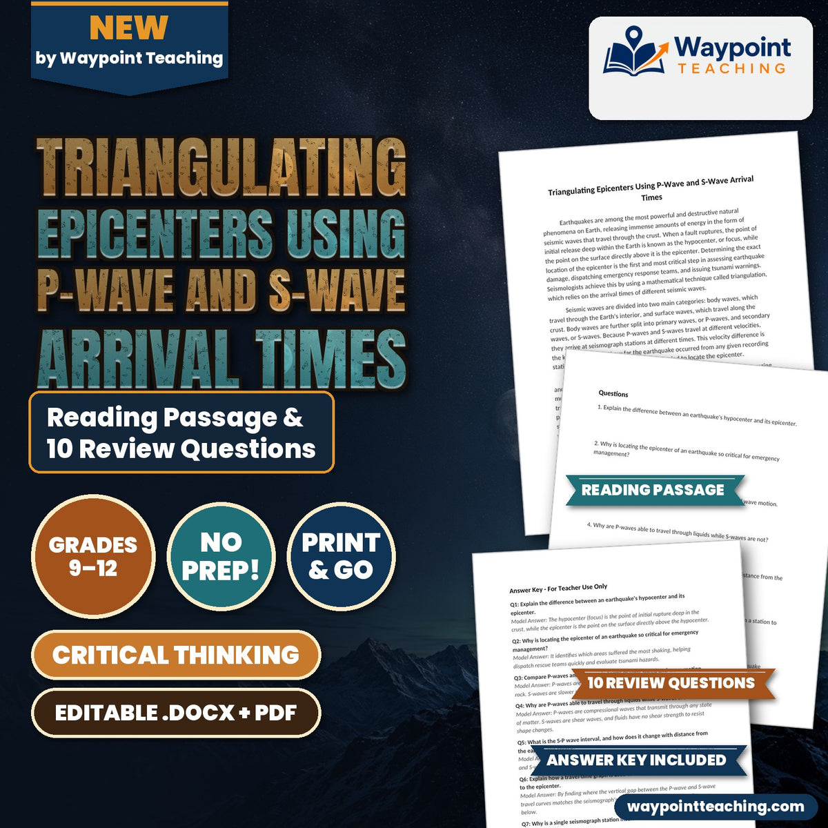 Triangulating Epicenters Using P-Wave and S-Wave Arrival Times Reading Worksheet cover