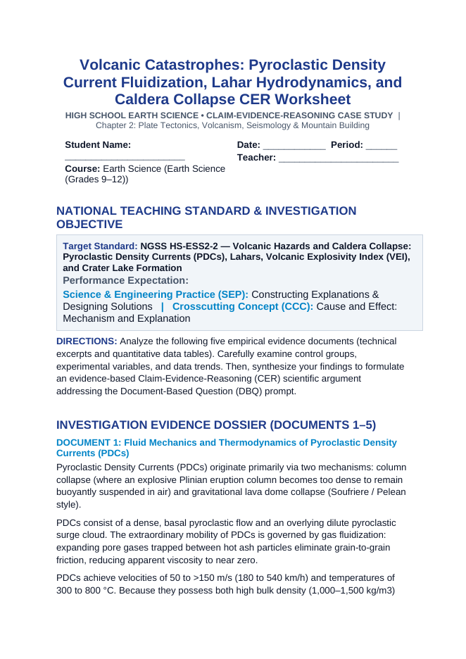 Volcanic Catastrophes: Pyroclastic Density Current Fluidization, Lahar Hydrodynamics, and Caldera Collapse CER Phenomena Worksheet sample page
