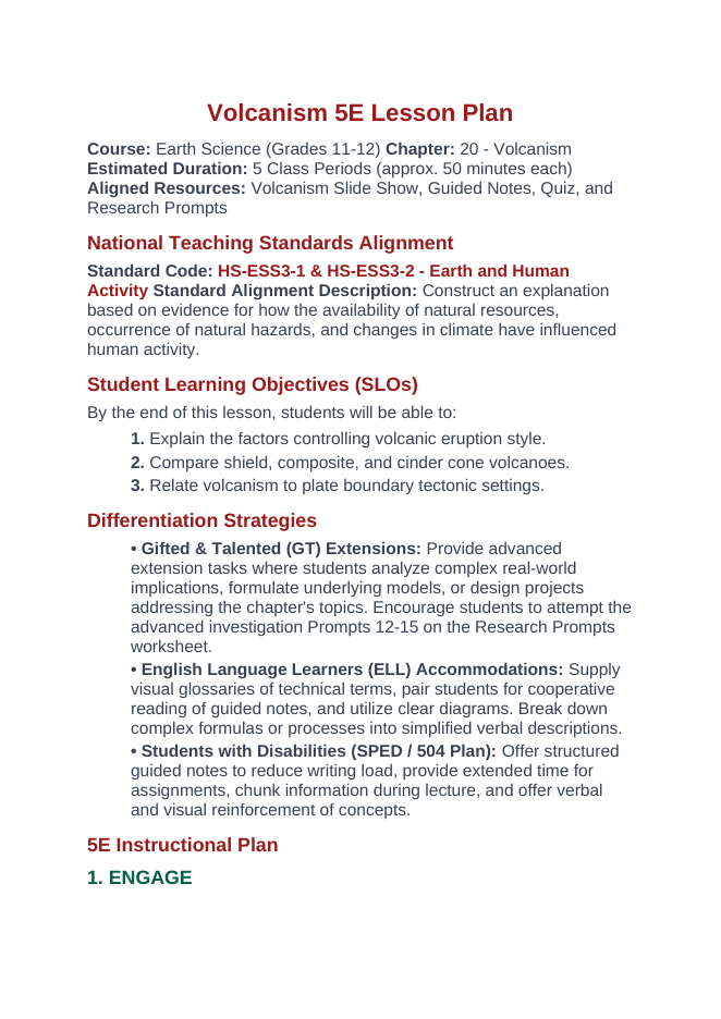 Volcanism 5E Lesson Plan sample page