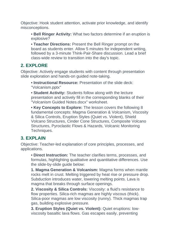 Volcanism 5E Lesson Plan sample page
