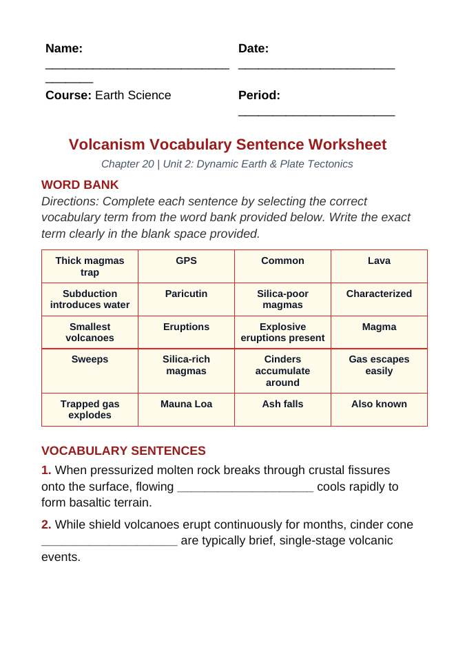 Volcanism Fill-in-the-Blank Vocabulary Worksheet sample page