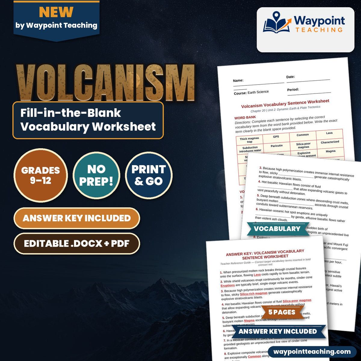 Volcanism Fill-in-the-Blank Vocabulary Worksheet cover