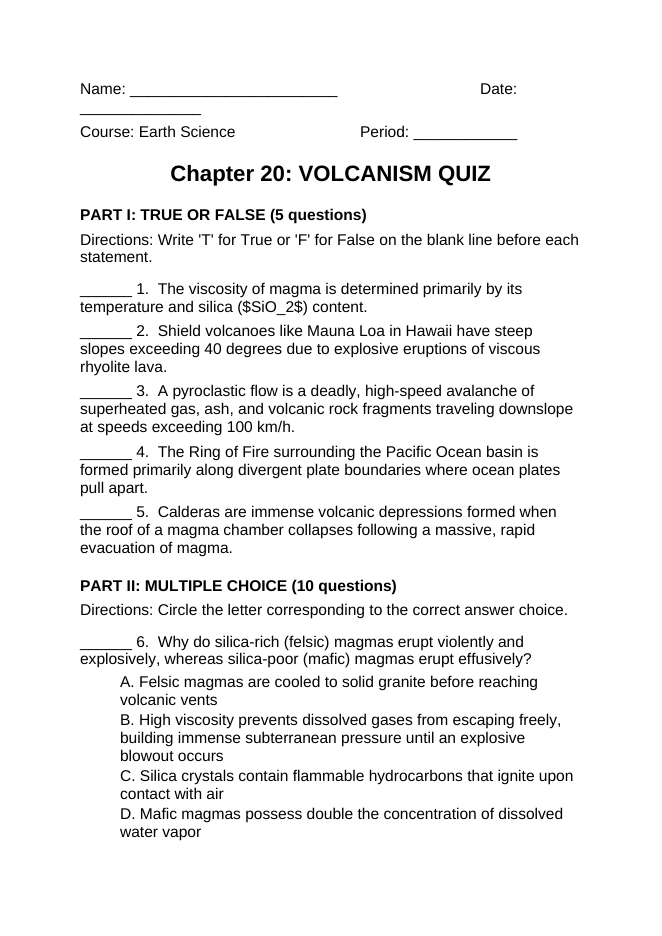 Volcanism Lesson Quiz sample page