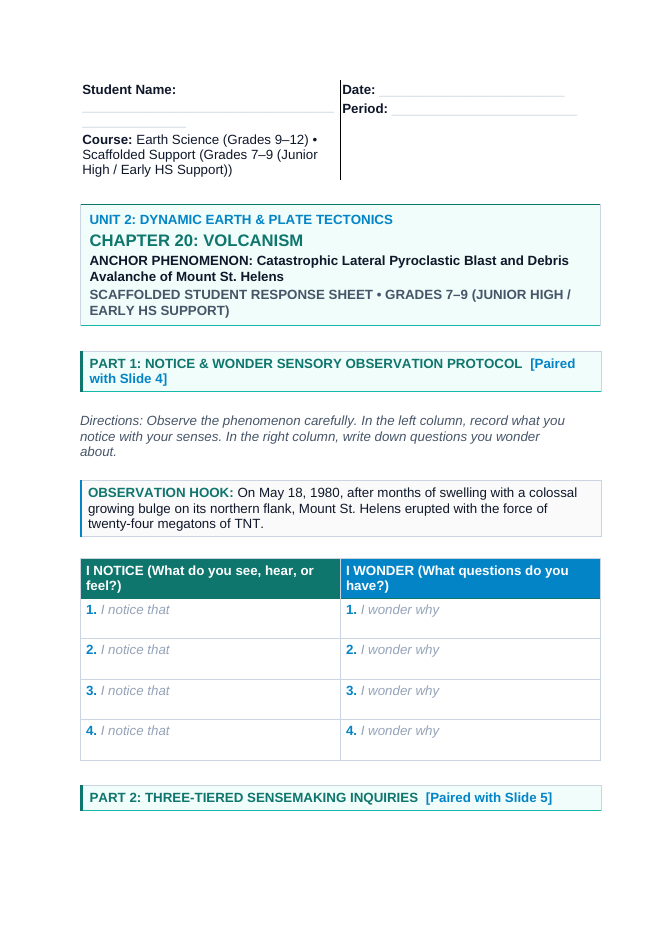 Volcanism Scaffolded Phenomena-Based Lesson: Catastrophic Lateral Pyroclastic Blast and Debris Avalanche of Mount St. Helens Student Response Sheet sample page