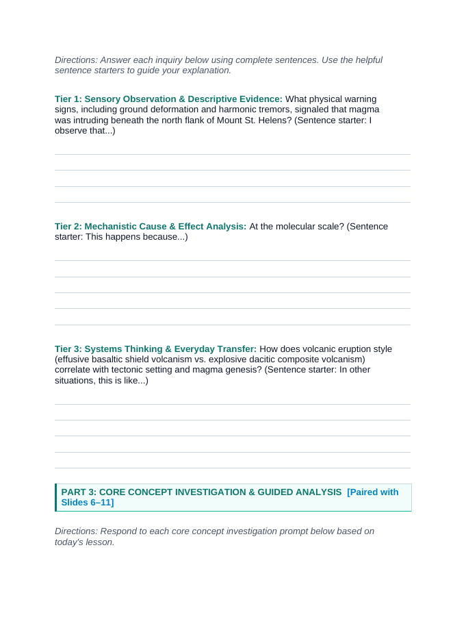 Volcanism Scaffolded Phenomena-Based Lesson: Catastrophic Lateral Pyroclastic Blast and Debris Avalanche of Mount St. Helens Student Response Sheet sample page