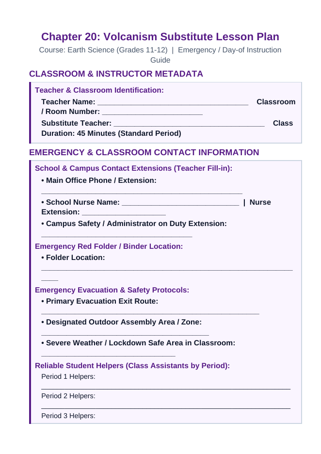 Volcanism Substitute Lesson Plan sample page