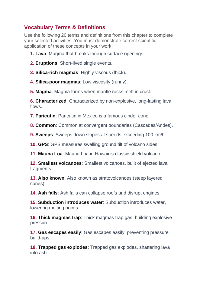 Volcanism Vocabulary Choice Board sample page