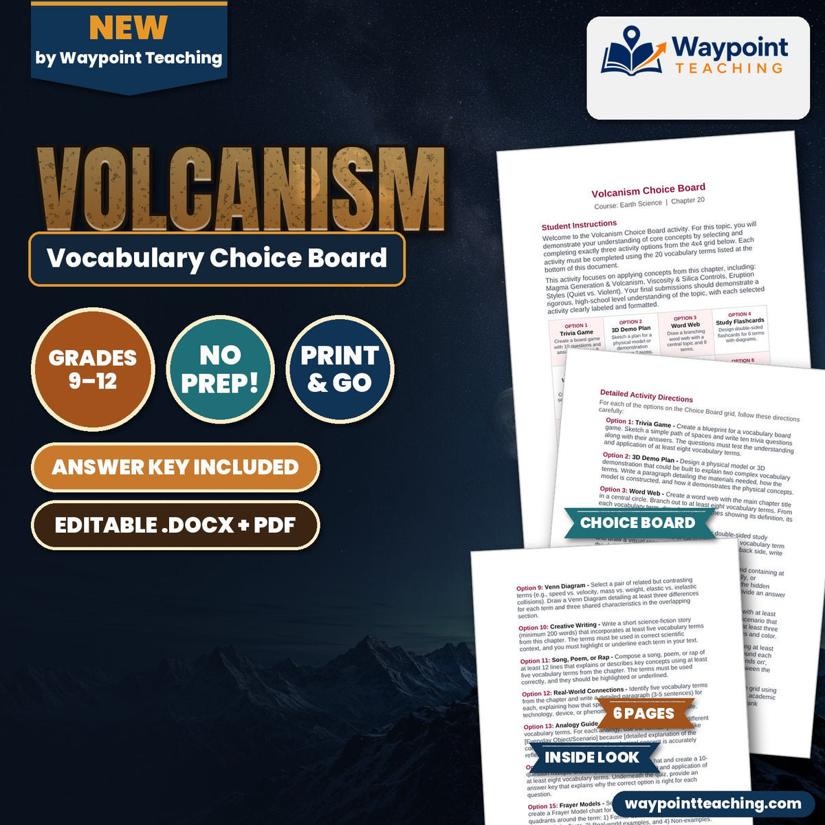 Volcanism Vocabulary Choice Board cover