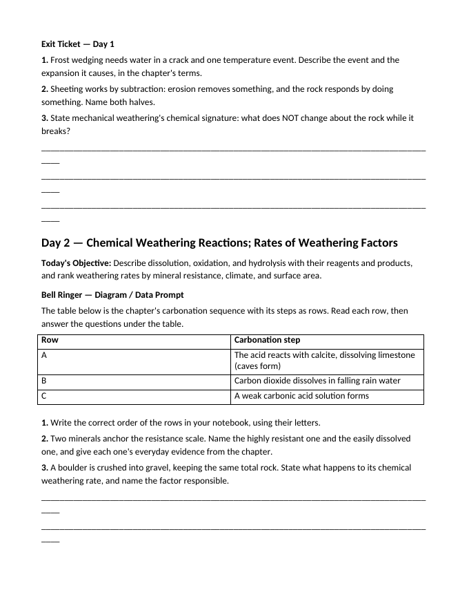 Weathering, Erosion and Soil Bell Ringers & Exit Tickets sample page