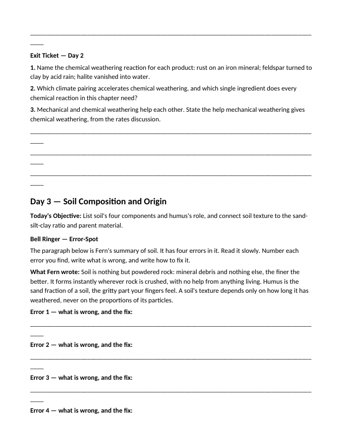 Weathering, Erosion and Soil Bell Ringers & Exit Tickets sample page