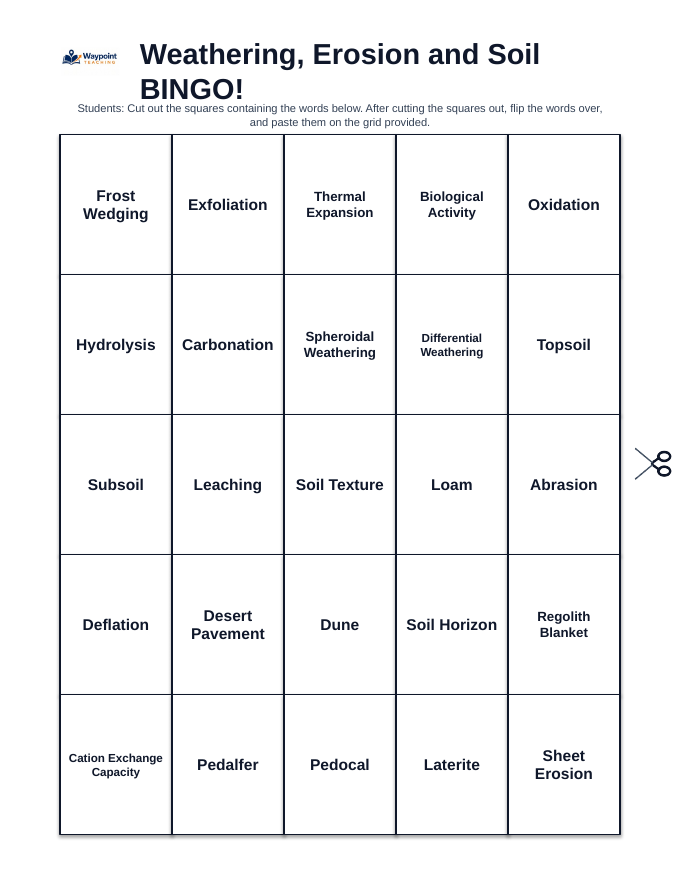 Weathering, Erosion and Soil BINGO Review Game sample page