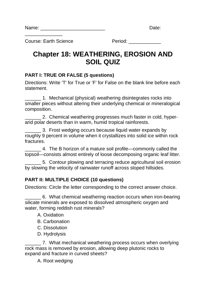 Weathering, Erosion and Soil Lesson Quiz sample page