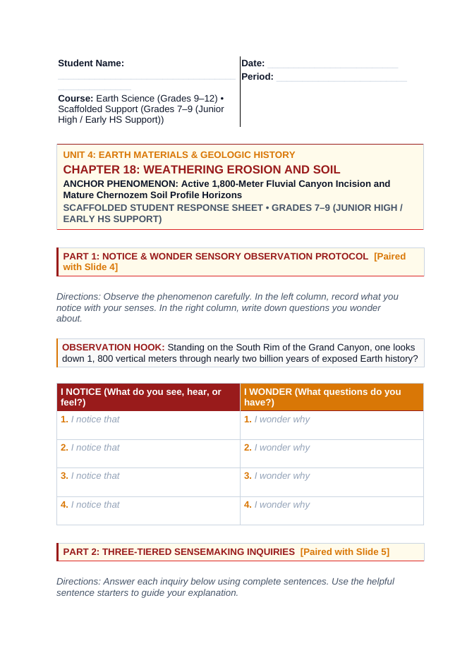 Weathering, Erosion and Soil Scaffolded Phenomena-Based Lesson: Active 1,800-Meter Fluvial Canyon Incision and Mature Chernozem Soil Profile Horizons Student Response Sheet sample page