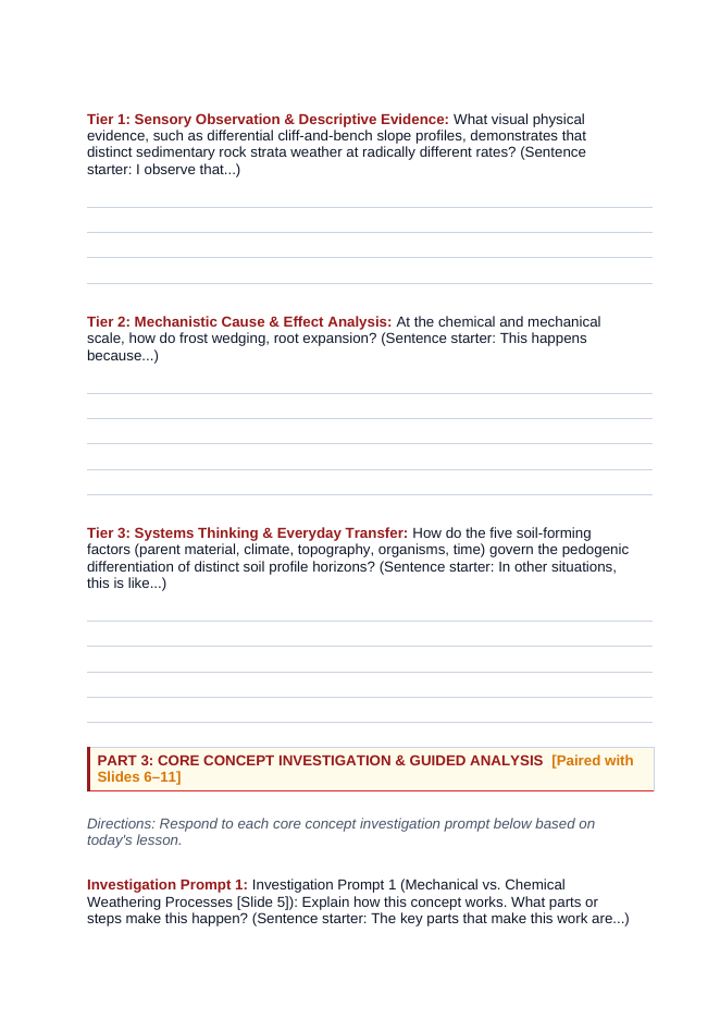 Weathering, Erosion and Soil Scaffolded Phenomena-Based Lesson: Active 1,800-Meter Fluvial Canyon Incision and Mature Chernozem Soil Profile Horizons Student Response Sheet sample page