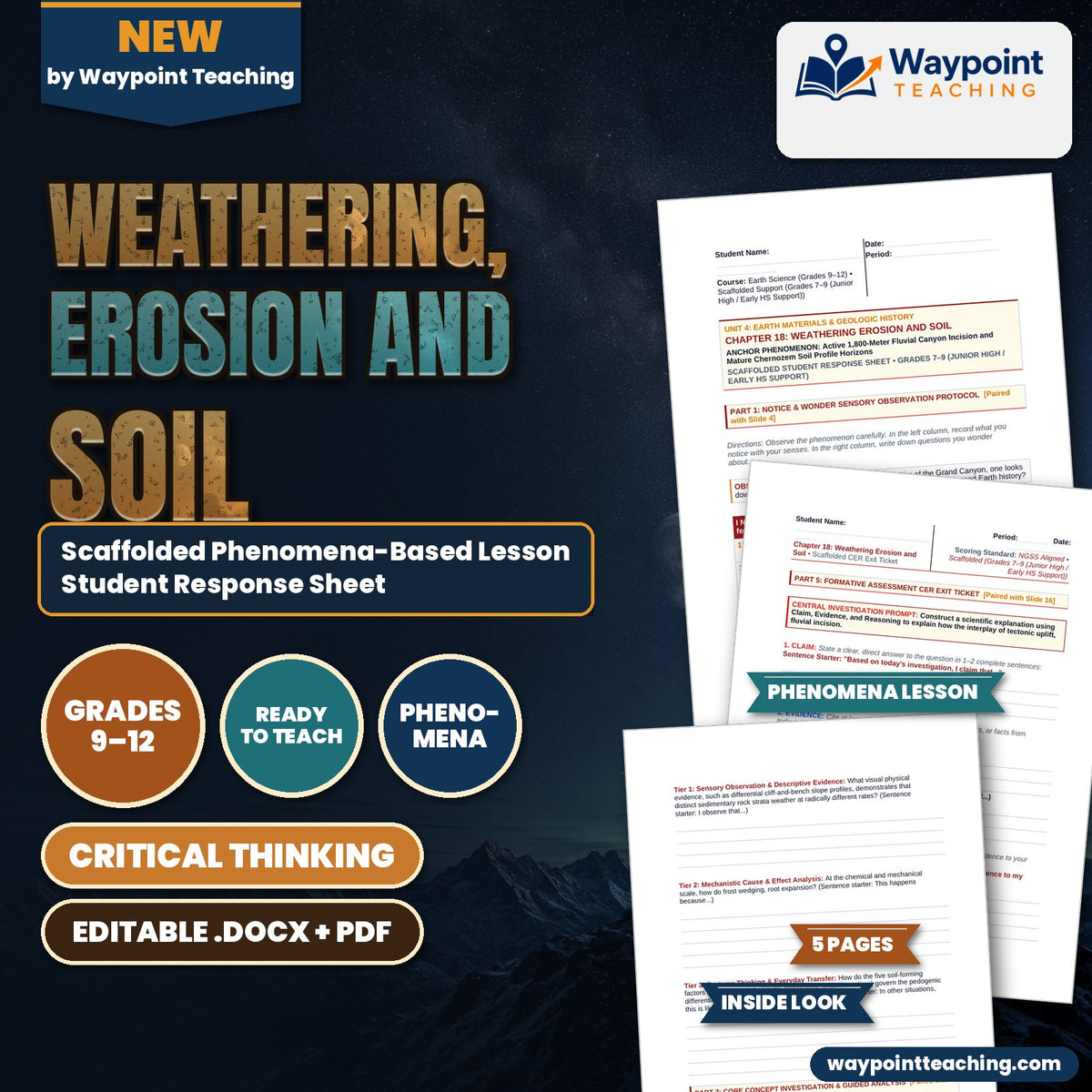 Weathering, Erosion and Soil Scaffolded Phenomena-Based Lesson: Active 1,800-Meter Fluvial Canyon Incision and Mature Chernozem Soil Profile Horizons Student Response Sheet cover