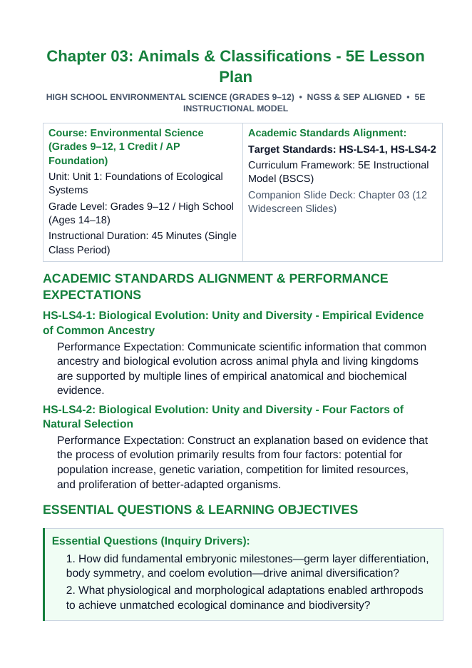 Animals and Classifications 5E Lesson Plan sample page