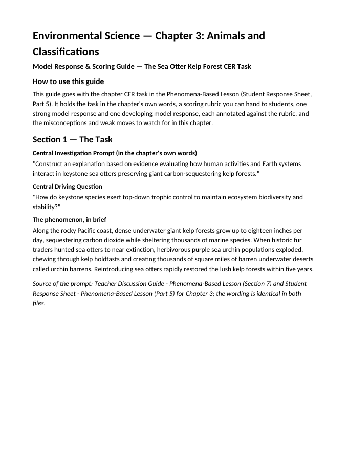 Animals and Classifications Model Response & Scoring Guide sample page