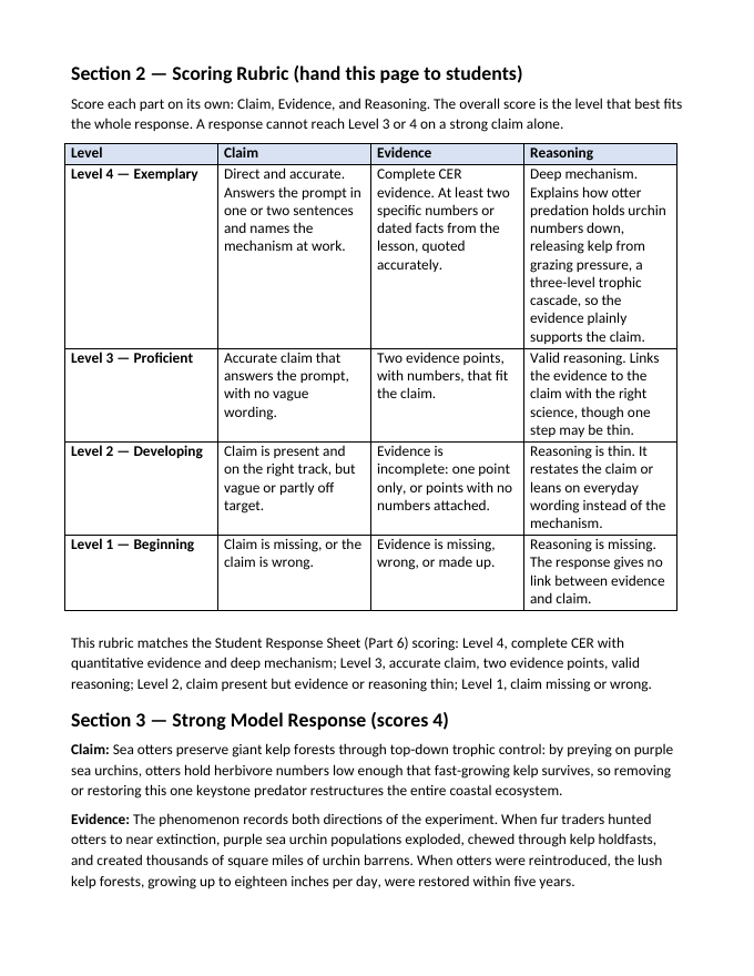 Animals and Classifications Model Response & Scoring Guide sample page