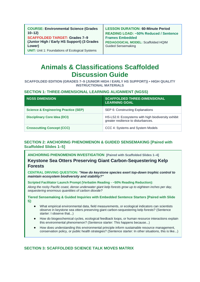 Animals and Classifications Scaffolded Phenomena-Based Lesson: Keystone Sea Otters Preserving Giant Carbon-Sequestering Kelp Forests Teacher Discussion Guide sample page