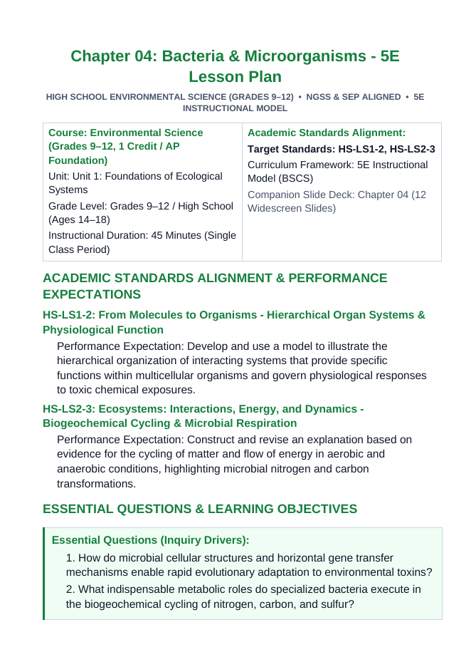 Bacteria and Microorganisms 5E Lesson Plan sample page