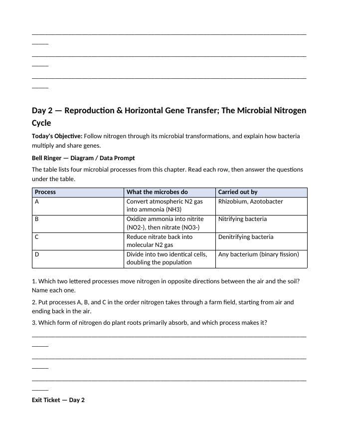 Bacteria and Microorganisms Bell Ringers & Exit Tickets sample page